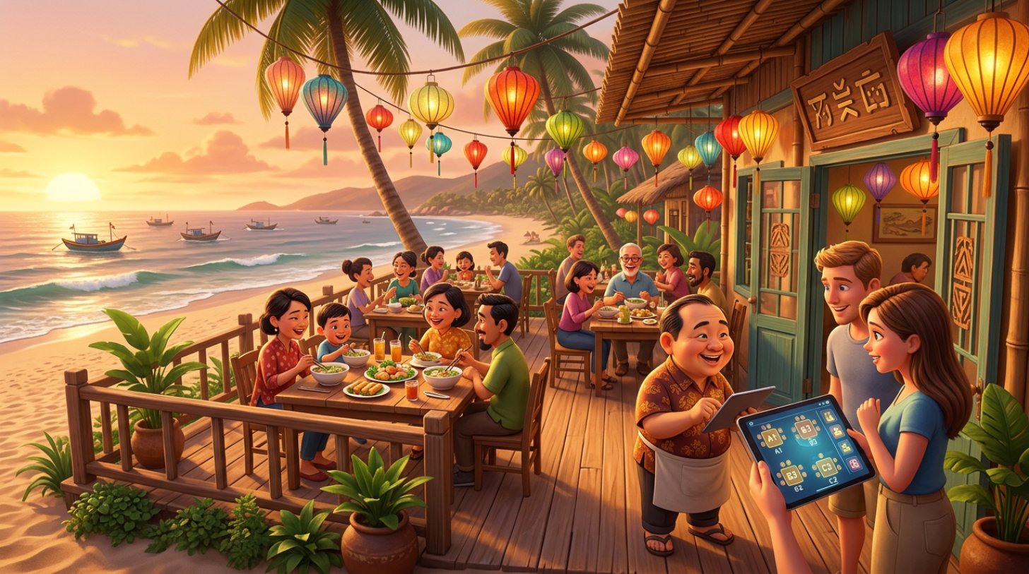 Nhà hàng ven biển Việt Nam lúc hoàng hôn với khách địa phương và khách du lịch quốc tế, chủ quán kiểm tra sơ đồ đặt bàn trên máy tính bảng