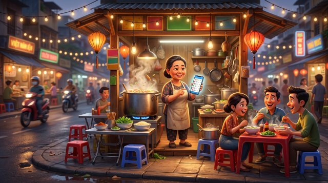 Chủ quán ăn nhỏ đứng ở quầy xem danh sách đặt bàn trên điện thoại, phía sau là nồi phở bốc khói và thực khách đang ăn dưới dây đèn ấm áp