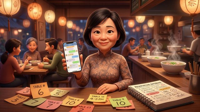 Quản lý nhà hàng Việt đứng ở quầy, điện thoại đầy tin nhắn đặt bàn, xung quanh là giấy ghi chú số bàn và sổ đặt bàn giấy
