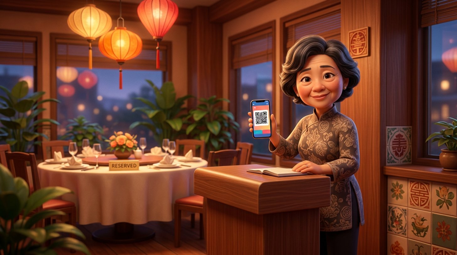 Chủ nhà hàng đứng tại quầy lễ tân cầm điện thoại hiển thị mã QR để xác nhận tiền cọc đặt bàn, phía sau là bàn tiệc tròn đã bày sẵn với biển đã đặt trước
