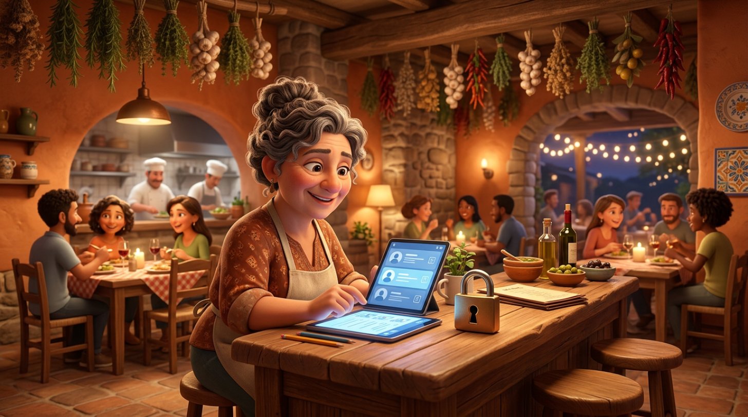 Illustrazione di una ristoratrice che consulta serena il database clienti su un tablet, con un lucchetto simbolo della protezione dei dati appoggiato sul bancone