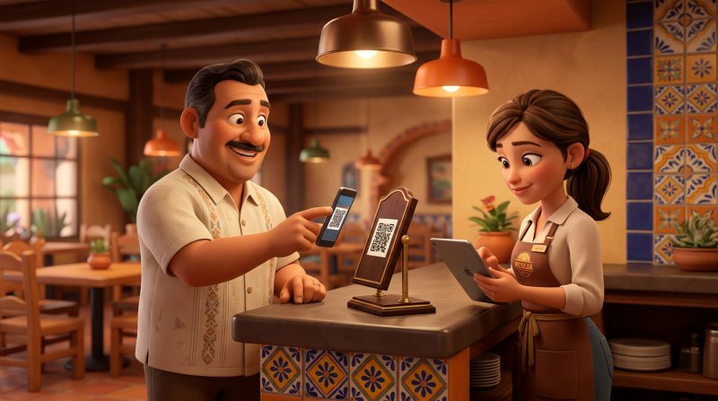 Comensal escanea con su celular un código QR en el mostrador de un restaurante mexicano para consultar el aviso de privacidad, mientras la anfitriona registra su reservación en una tableta