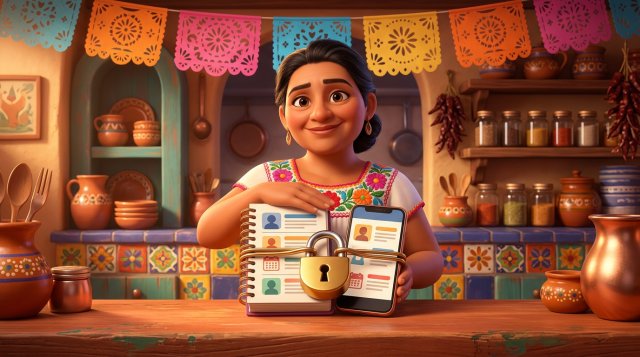 Restaurantera mexicana protege con un candado dorado la libreta de reservaciones y el celular con los datos de sus comensales, sobre el mostrador de su restaurante