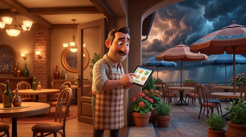Ristoratore che controlla la pianta della sala sul tablet davanti al dehors sotto un cielo minaccioso
