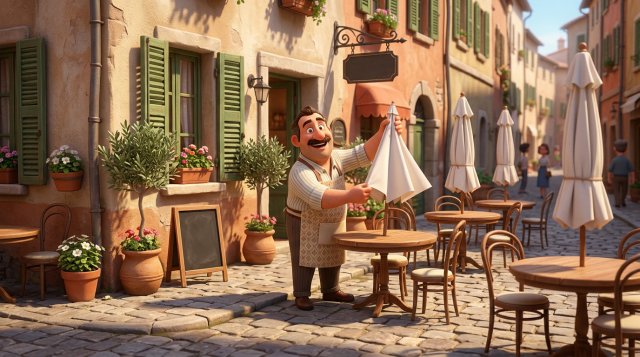 Illustrazione di un ristoratore italiano sorridente che sistema i tavoli del dehors con ombrelloni bianchi davanti a una trattoria con persiane verdi