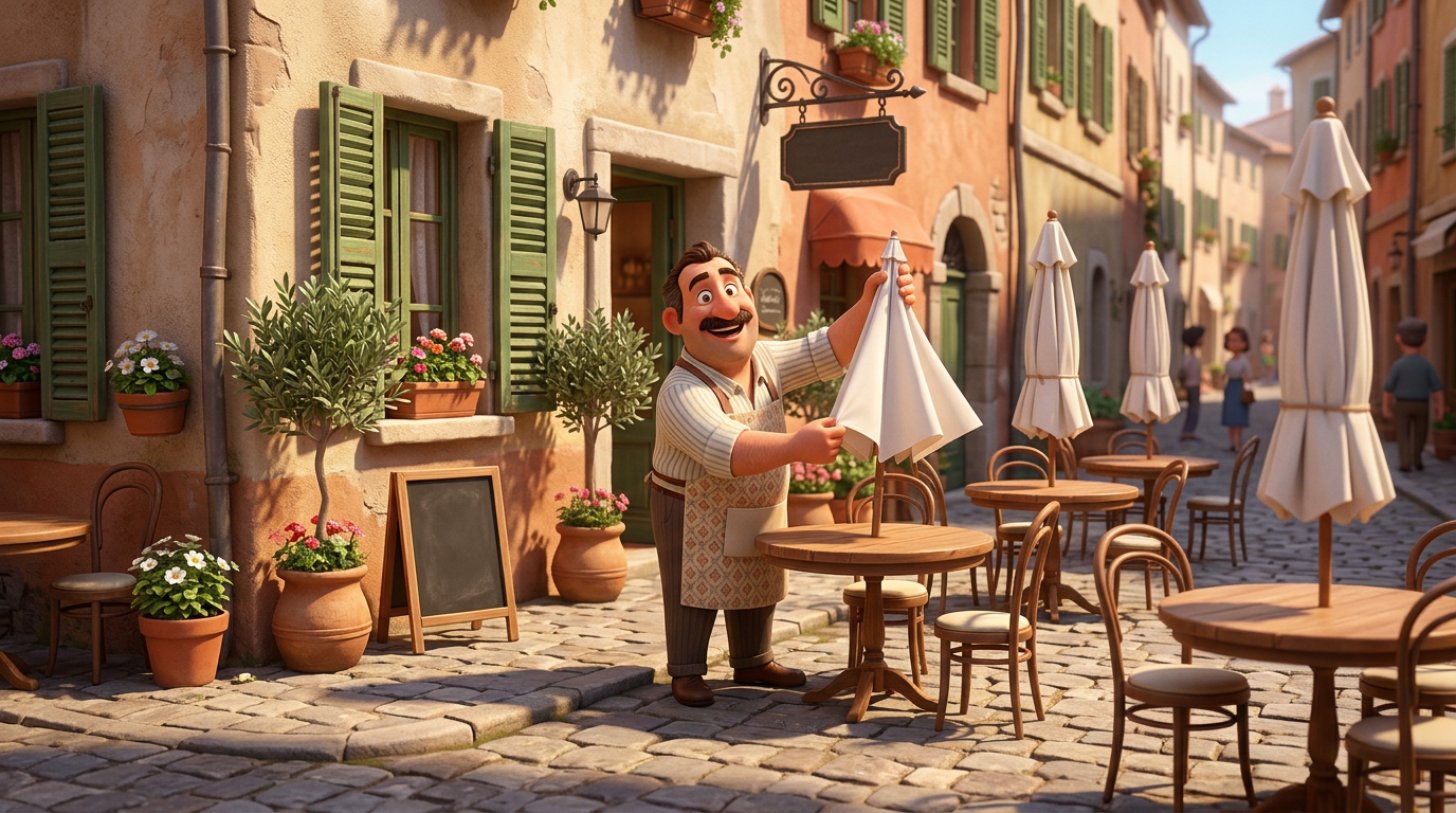 Illustrazione di un ristoratore italiano sorridente che sistema i tavoli del dehors con ombrelloni bianchi davanti a una trattoria con persiane verdi