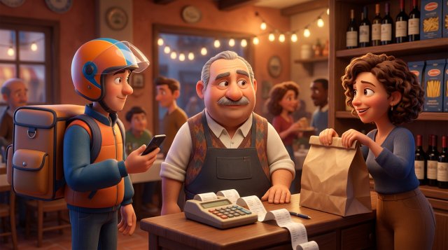 Illustrazione di un ristoratore italiano che valuta al bancone un rider con borsa termica e una cliente che ritira il suo sacchetto d'asporto