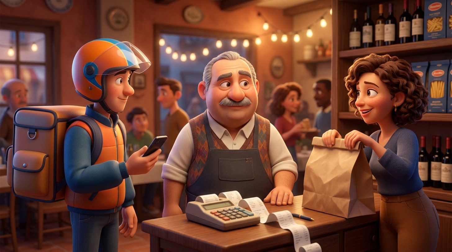 Illustrazione di un ristoratore italiano che valuta al bancone un rider con borsa termica e una cliente che ritira il suo sacchetto d'asporto