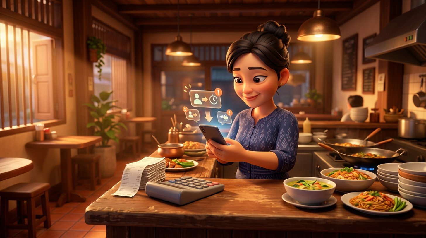 เจ้าของร้านอาหารไทยยืนดูยอดออร์เดอร์เดลิเวอรี่บนมือถือ พร้อมเครื่องคิดเลขและใบเสร็จบนเคาน์เตอร์