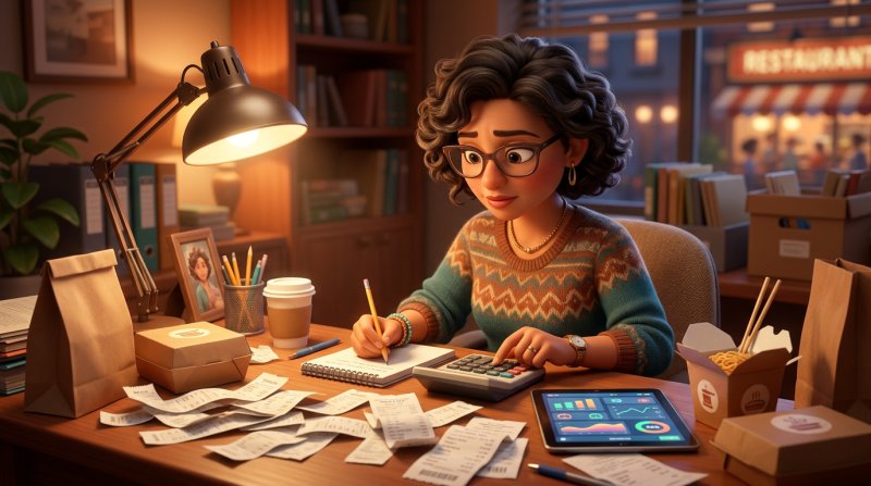 Restauradora calculando el margen real de sus pedidos a domicilio entre tickets, envases y una tableta de pedidos