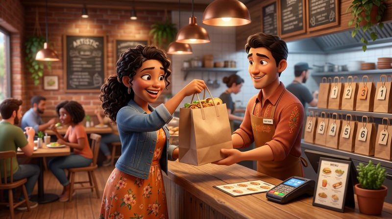 Cliente a levantar o pedido de takeaway ao balcão de um restaurante, sacos de papel numerados prontos atrás do balcão