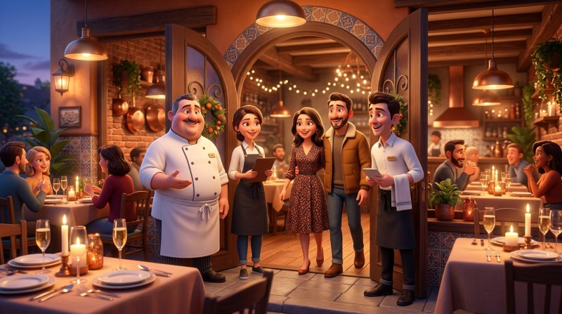 Echipă de restaurant deschide ușile localului în seara inaugurării, în timp ce primii clienți intră zâmbind