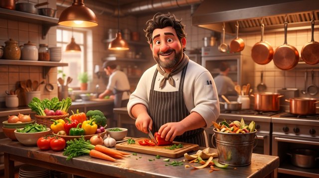 Ilustração de um cozinheiro numa cozinha profissional com legumes frescos na bancada e um balde de resíduos orgânicos ao lado
