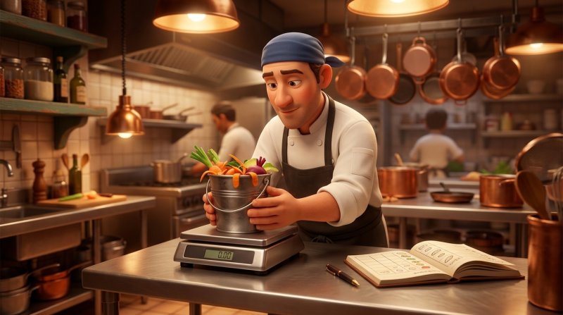 Cozinheiro a pesar um balde de aparas de legumes numa balança de cozinha com um caderno de registo ao lado