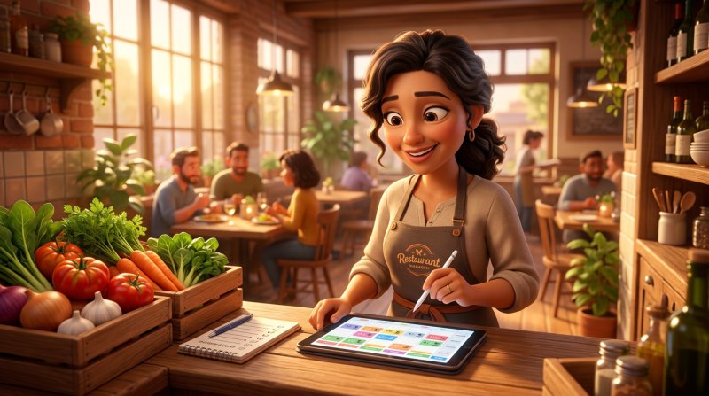Restauradora a consultar o plano de reservas da semana num tablet para preparar a encomenda ao fornecedor
