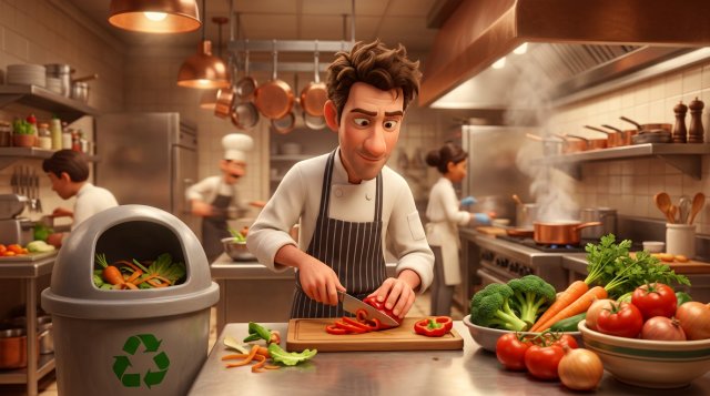 Ilustración de un cocinero en su cocina profesional con verduras frescas en la mesa de trabajo y un cubo de reciclaje de residuos orgánicos al lado