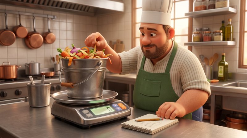Cocinero pesando un cubo de restos de verduras en una báscula de cocina con un cuaderno de seguimiento al lado