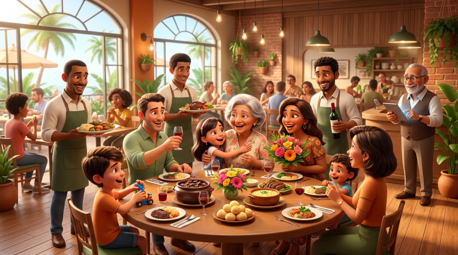 Salão de restaurante brasileiro em um almoço de domingo de Dia das Mães, família de três gerações em uma grande mesa redonda entregando flores à avó, com o dono conferindo as reservas em um tablet ao fundo