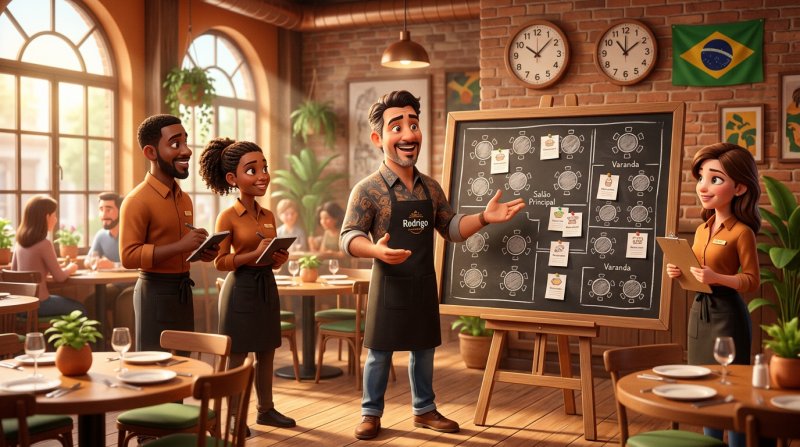 Gerente de restaurante apontando o mapa do salão em um quadro durante o briefing da equipe antes do serviço de domingo, com mesas redondas grandes desenhadas e garçons atentos