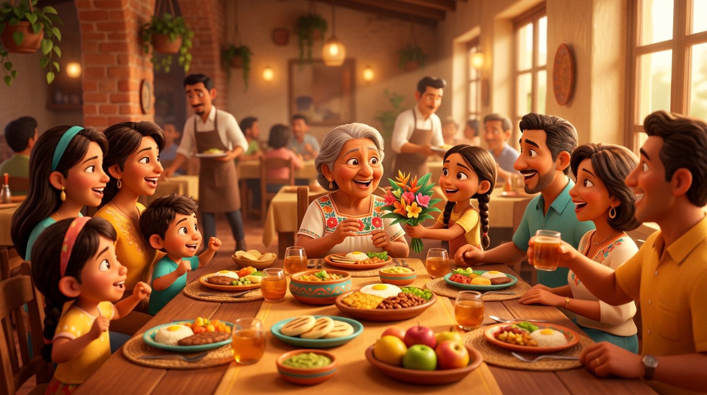 Familia colombiana de varias generaciones celebra a la abuela con flores durante un almuerzo festivo en una mesa larga de restaurante iluminado por el sol