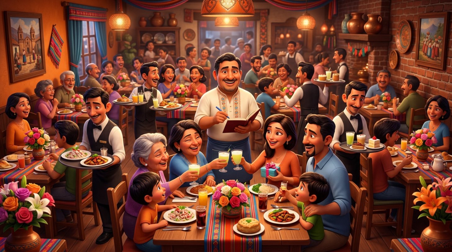 Restaurante peruano lleno en el almuerzo del Día de la Madre, con familias celebrando a las mamás, flores en las mesas y el dueño coordinando el salón
