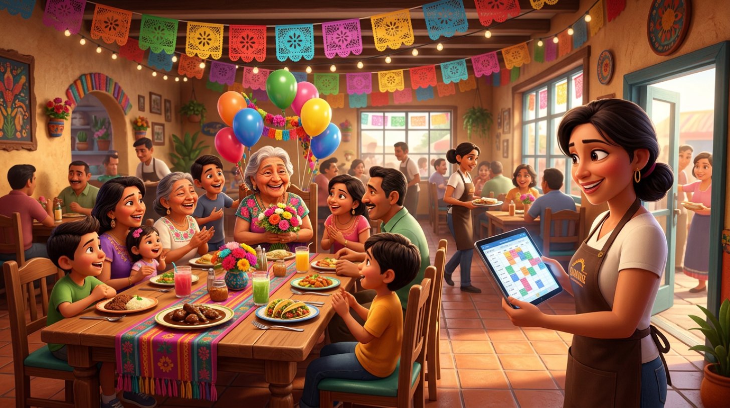 Ilustración de un restaurante mexicano decorado con papel picado el Día de las Madres, con tres generaciones celebrando a una abuela en una mesa larga mientras la dueña revisa una agenda de reservas llena en una tableta