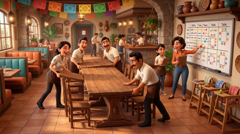 Equipo de un restaurante mexicano juntando mesas para un grupo grande entre dos turnos, mientras el gerente revisa un plano de sala con horarios por colores y hay sillas altas para niños preparadas