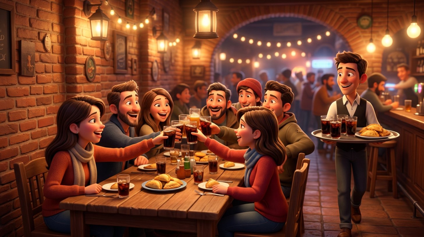 Mesa larga de amigos riendo de noche en un bar de Córdoba mientras un mozo equilibra una bandeja con vasos de fernet con cola y empanadas