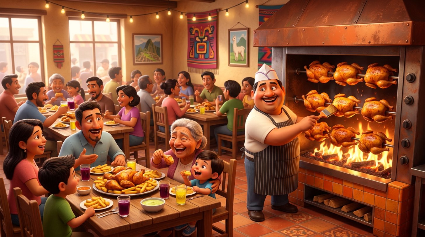 Pollería peruana llena un domingo festivo, con pollos dorados girando en el horno y familias compartiendo en las mesas