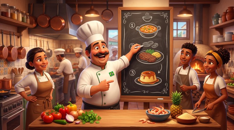 Chef apresentando à equipe um cardápio especial de três pratos escrito em uma lousa na cozinha do restaurante