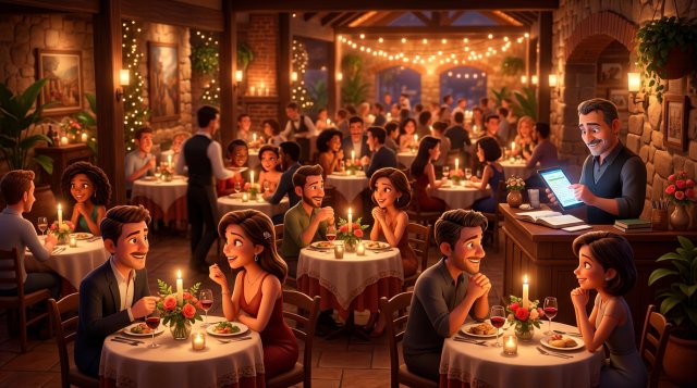 Ilustração de um restaurante brasileiro lotado na noite de 12 de junho, casais em mesas para dois com velas e um restaurador conferindo as reservas em um tablet