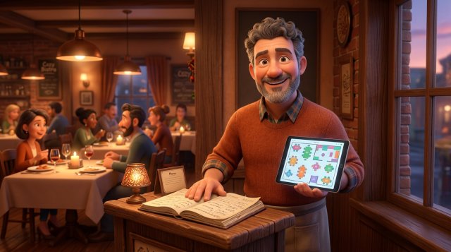 Smiling restaurant owner at the host stand with one hand on a worn paper reservation notebook and the other holding a tablet showing the table plan