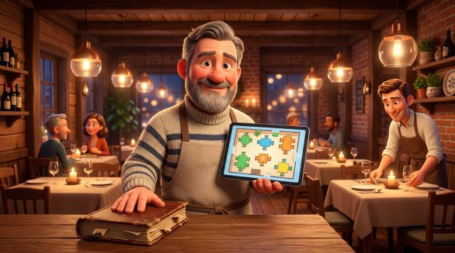 Smilende restauratør ved disken med den ene hånd på en slidt reservationsbog i papir og en tablet med aftenens bordplan i den anden