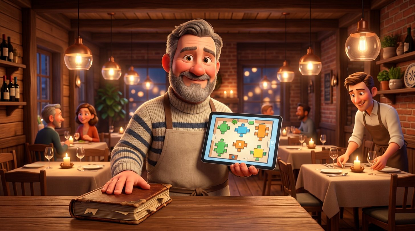 Smilende restauratør ved disken med den ene hånd på en slidt reservationsbog i papir og en tablet med aftenens bordplan i den anden