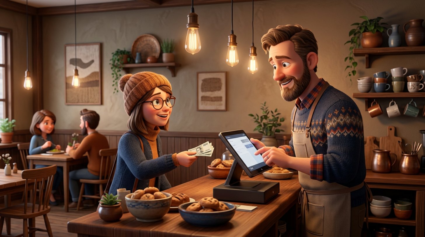Restauratør ved et digitalt kassesystem med touchskærm, mens en gæst betaler med kontanter over disken