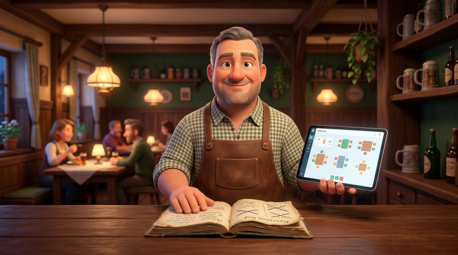 Gastwirt hinter dem Tresen eines Gasthauses, eine Hand auf dem abgegriffenen Papier-Reservierungsbuch, die andere auf einem Tablet mit digitalem Tischplan