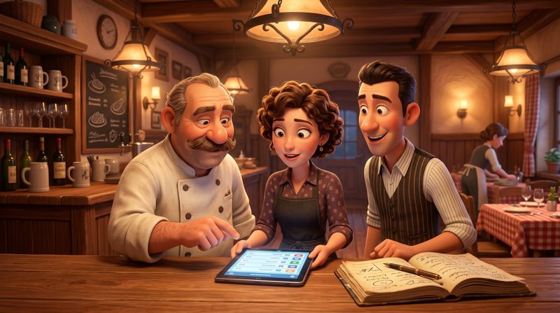 Restaurantteam beim abendlichen Briefing am Tresen, Blick auf das Tablet mit der Reservierungsliste, daneben das aufgeschlagene Papierbuch