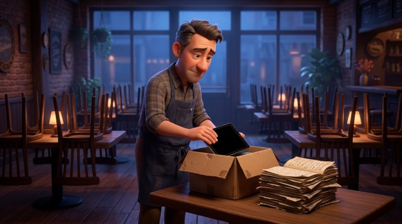 Manager de restaurant împachetează seara o tabletă oprită într-o cutie, lângă vechile agende de rezervări din hârtie, cu scaunele urcate pe mese