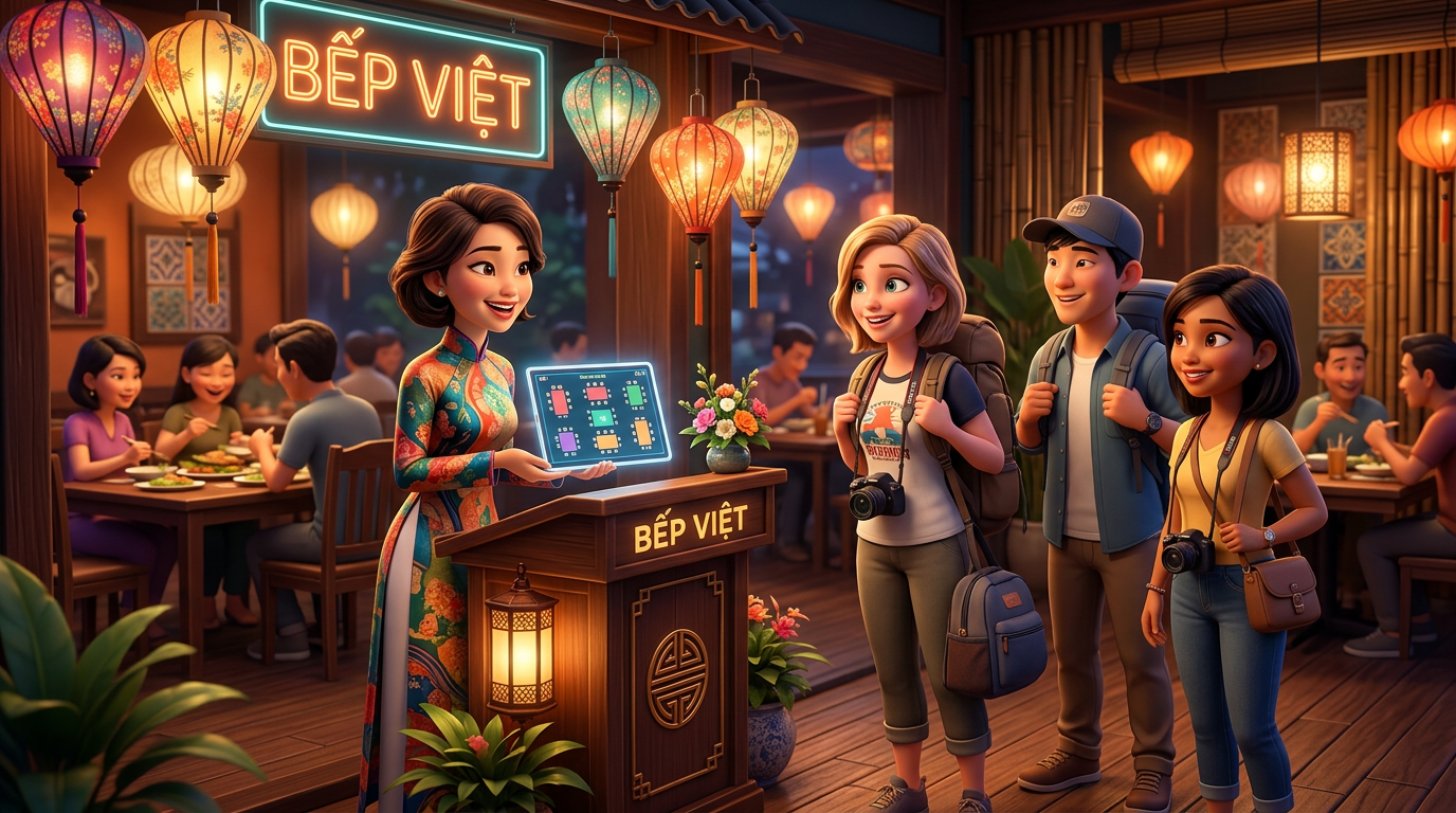Nhân viên nhà hàng Việt Nam tươi cười đón nhóm du khách nước ngoài đeo ba lô trước cửa quán treo đèn lồng buổi tối
