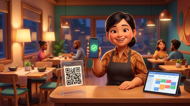 Ilustrasi 3D pemilik restoran Indonesia di balik konter memegang ponsel dengan notifikasi pembayaran berhasil, di sampingnya papan kode QR dan tablet berisi kalender reservasi