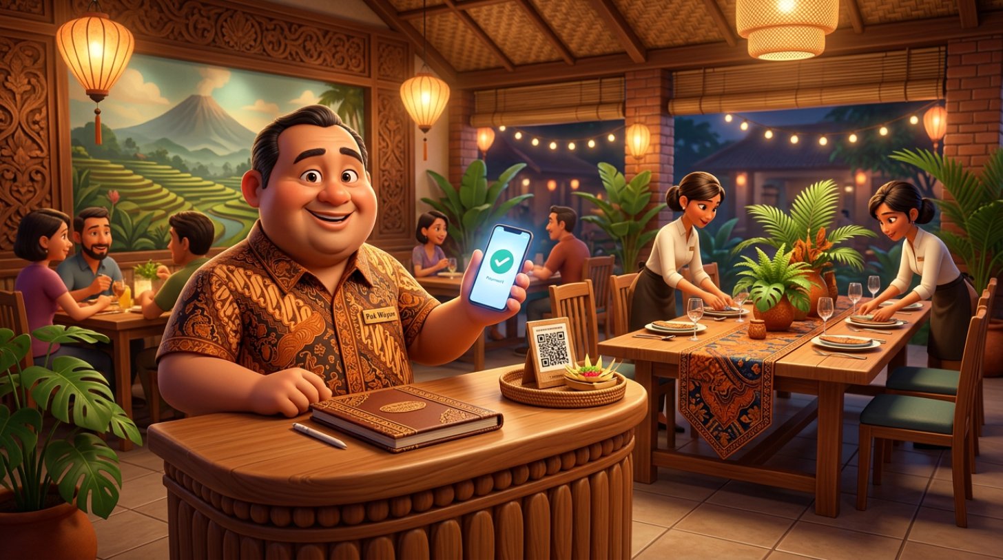 Ilustrasi 3D pemilik restoran di meja resepsionis memegang ponsel dengan notifikasi pembayaran, di sampingnya buku reservasi dan kode QR, sementara meja panjang untuk rombongan sedang ditata