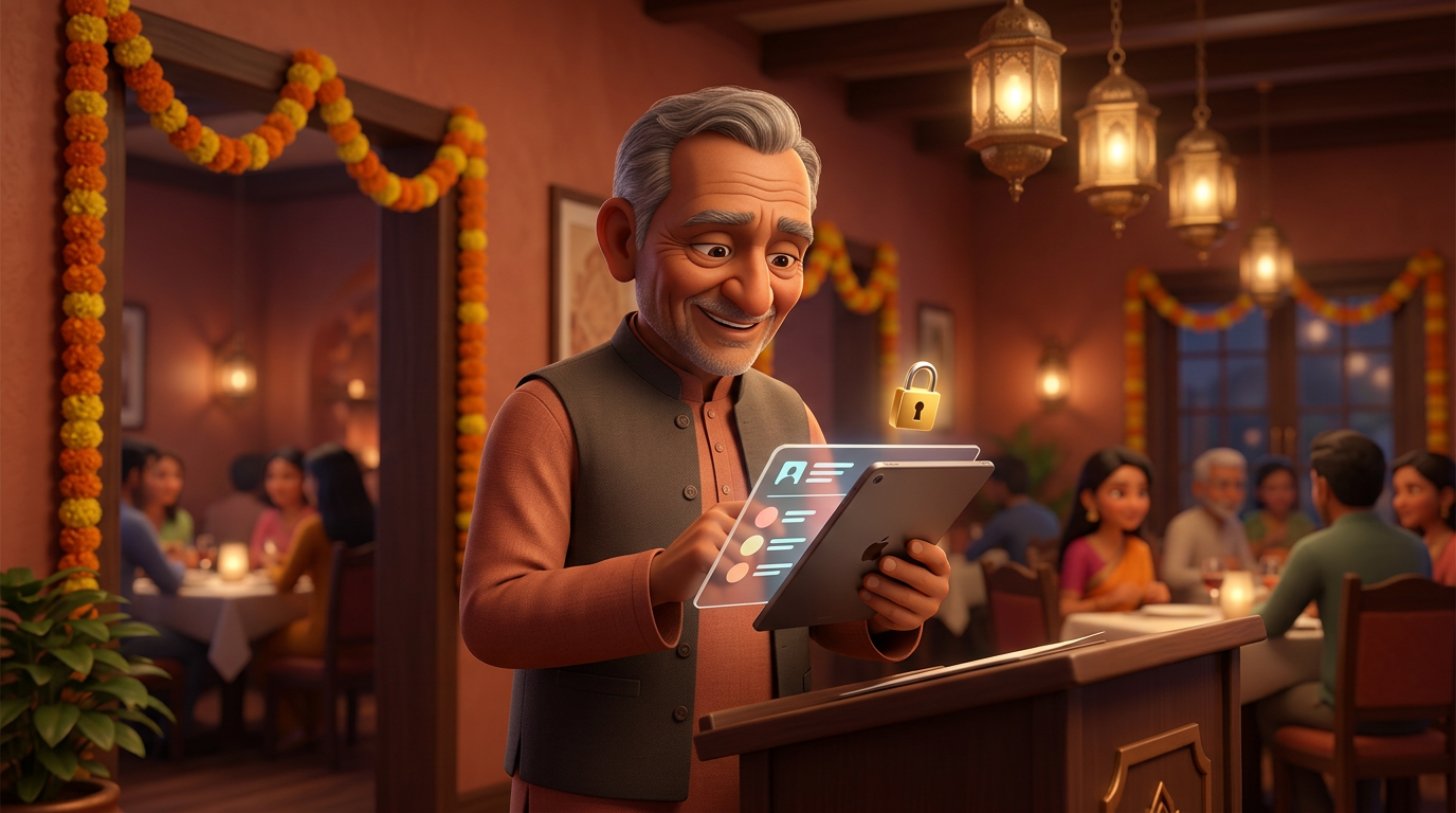 Illustration of an Indian restaurant owner at the host stand of a warmly lit dining room, checking the evening's guest list on a tablet with a glowing padlock above the screen