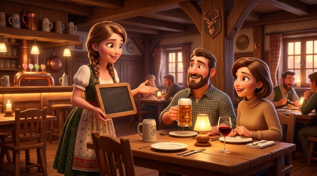 Illustration einer Kellnerin in einem gemütlichen Gasthaus, die einem Paar am Tisch ein Dessert von der Tafel empfiehlt