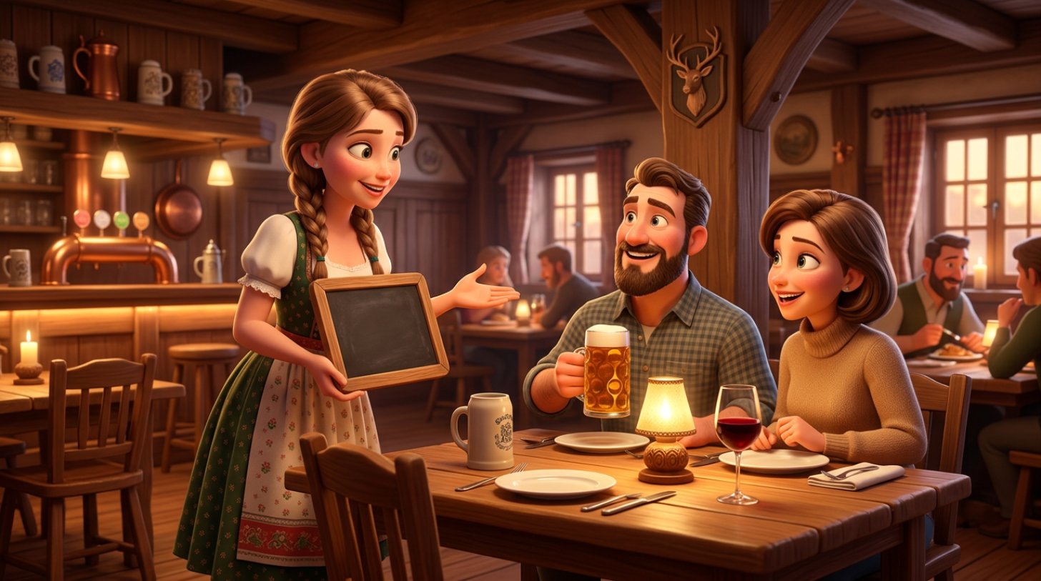 Illustration einer Kellnerin in einem gemütlichen Gasthaus, die einem Paar am Tisch ein Dessert von der Tafel empfiehlt