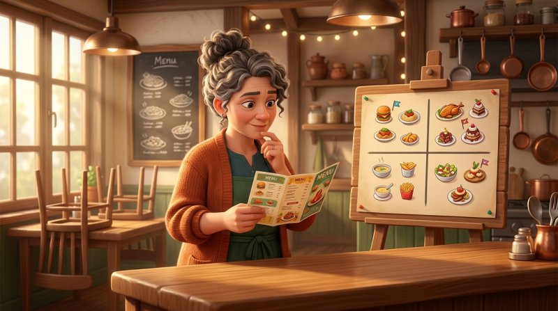 Gastronomin analysiert ihre Speisekarte vor einer Tafel mit einer Vier-Felder-Matrix aus Gerichtssymbolen