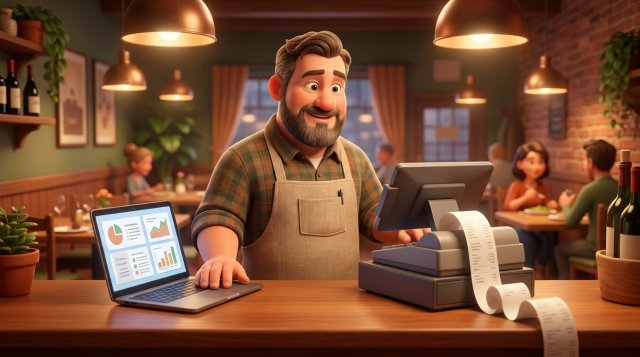 Restaurator la tejghea, lângă o casă de marcat care tipărește un bon fiscal și un laptop cu documente fiscale
