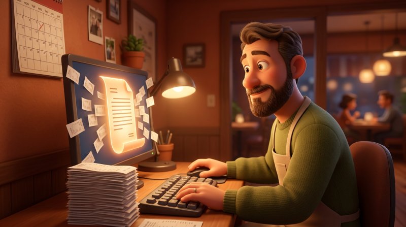 Illustration of a restaurant manager submitting a monthly consolidated invoice on a desktop screen while a stack of daily paper receipts sits beside the keyboard