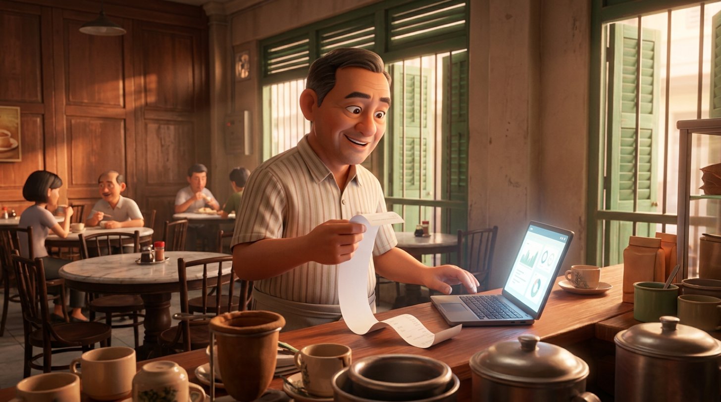 Illustration of a Malaysian kopitiam owner at the counter comparing a paper receipt with a digital invoice on a laptop, shophouse dining room in the background