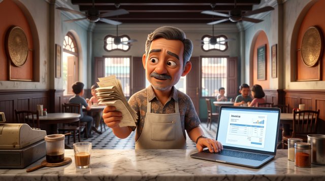 Ilustrasi pemilik kopitiam Malaysia di kaunter marmar membandingkan timbunan resit kertas dengan dokumen invois digital pada skrin komputer riba