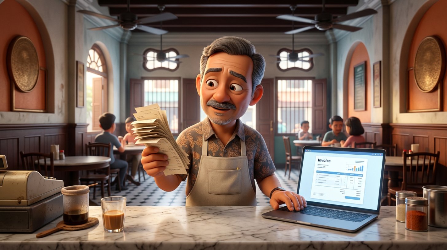 Ilustrasi pemilik kopitiam Malaysia di kaunter marmar membandingkan timbunan resit kertas dengan dokumen invois digital pada skrin komputer riba